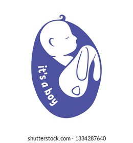 A boy was born. Logo newborn with toy Bunny. Vector illustration.