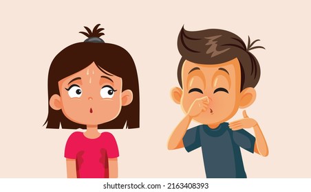 
Boy Bothered by Sweaty Friend Smelling Odd Vector Cartoon Illustration. Little girl feeling ashamed by excessive sweating health problem
