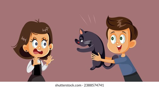 
Boy Bothers his Sister with a Cat Vector Cartoon illustration. Friend taunting and bullying a colleague using a pet for pranking her
