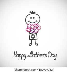 Boy with a bouquet of flowers (cartoon doodle).Happy mothers day card