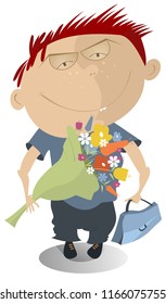Boy with a bouquet of flowers cartoon illustration. Smiling teenager holds a big bouquet of flowers and a bag isolated on white illustration vector
