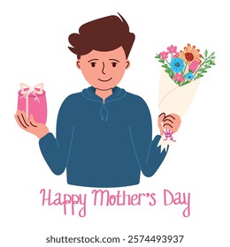 Boy with bouquet of flowers and gift. Happy Mother's Day lettering. Vector illustration for mother's day, women's day, valentine's day, cute character of child, teenager