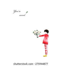 Boy with bouquet of flowers - vector illustration. Greeting card. Little child on white background with place for your text. 
