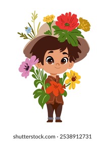 Boy with a bouquet in his hands, wearing a wide-brimmed hat, soft pastel colors, simple style