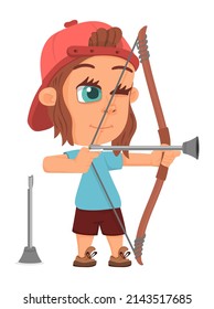 Niño con arco y flecha. Arquero de caricatura. Deporte infantil