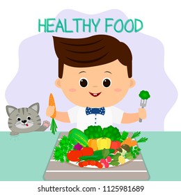 A boy in a bow tie at a table, a plate of vegetables. The cat is looking. Healthy food, organic products. Cartoon style, flat, vector.
