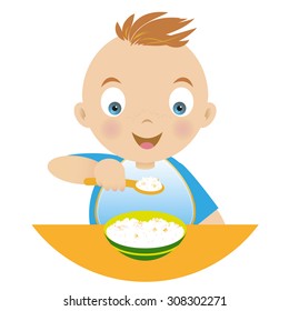 Boy with a bowl of porridge and holding a spoonful of porridge. Vector illustration