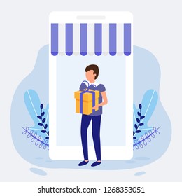 Boy with box, delivery service concept, vector illustration, can use for web, ui, poster and landing page. 