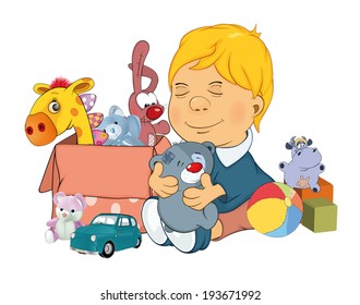 Boy and box with toys   cartoon