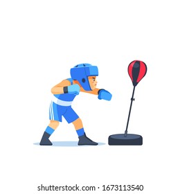 Boy boxer with bags of sand Boxing. Fitness, sport, exercise, will power and the concept of lifestyle. Cartoon vector illustration on white background