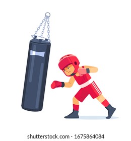 Boy boxer with big bags of sand Boxing. Fitness, sport, exercise, will power and the concept of lifestyle. Cartoon vector illustration on white background