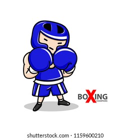 The boy boxer exercising in blue boxing gloves and blue helmet. Boxing champions. Vector illustration.