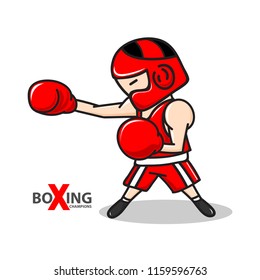 The boy boxer exercising in red boxing gloves and red helmet. Boxing champions. Vector illustration.