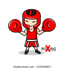 The boy boxer exercising in red boxing gloves and red helmet. Boxing champions. Vector illustration.