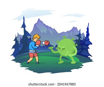 A boy boxer fights with a virus covid-19. Mountain landscape in the background. Sports and a healthy lifestyle against the coronavirus pandemic. Vector illustration, isolated on white.