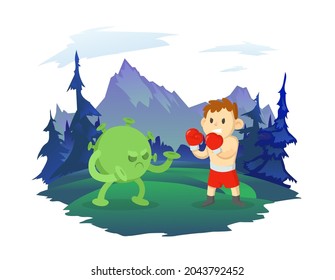 A boy boxer fights with a virus covid-19. Mountain landscape in the background. Sports and a healthy lifestyle against the coronavirus pandemic. Vector illustration, isolated on white.