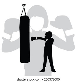  boy boxer hits a punching bag  vector silhouette