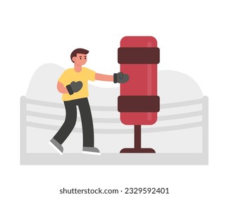Boy in boxing gloves practicing punches. Competitions and victory concept. Time for practicing boxing. Active and healthy lifestyle. Vector flat illustration in gray and red colors