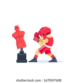 Boy boxing, hitting a Punching bag - mannequin. Boxer boy training with punching dummy. Fitness sport training and willpower and lifestyle concept. Cartoon vector illustration on white background