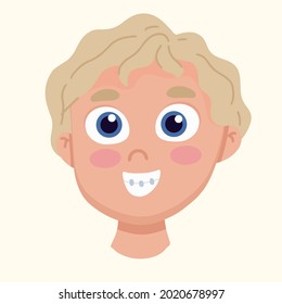 The boy in braces laughs. Live emotion concept. Vector illustration in flat style