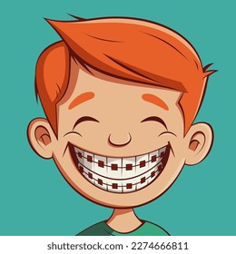Boy with braces on teeth laughing with joy. Vector illustration