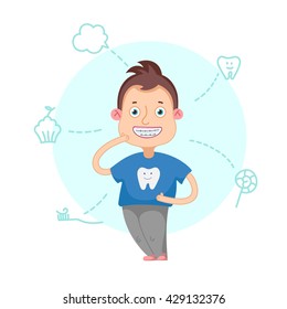 The boy with braces on a white background vector illustration.Funny cartoon character. Vector illustration.Dental children illustration.Beautiful, perfect smile, healthy teeth.