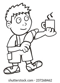 Boy and breakfast, coloring book, vector illustration