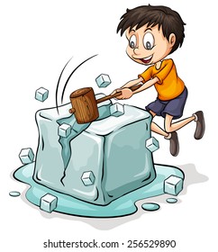 Boy breaking the big icecube on a white background