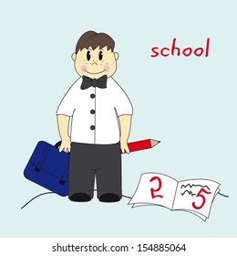 Boy with a briefcase pencil goes to school