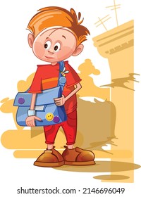 Boy with a briefcase. Boy in a red suit. Blue briefcase. Shoulder briefcase. Child on the street. The boy goes to school.