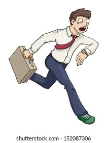 Boy with the briefcase, running late, stressed and looking at his watch, vector illustration