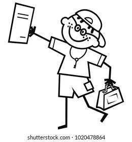 Boy with briefcase and school certificate, end of school year, goodbye school. Black and white vector image. Coloring book.