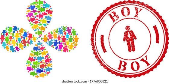 Boy bright rotation flower with four petals, and red round BOY rough stamp imitation. Boy symbol inside round badge. Object flower with 4 petals composed from random boy symbols.
