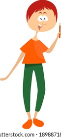 Niño con una idea brillante, ilustración, vector sobre fondo blanco.