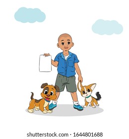 boy bring paper with his dogs hand draw vector