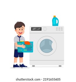 a boy brings his dirty clothes to be washed in the washing machine