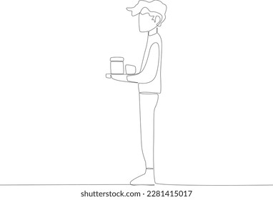 A boy brings his lunch to the table. Lunch at school one line drawing