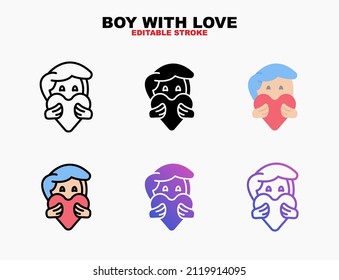 Boy brings love heart icon set with different styles. Editable stroke and pixel perfect. Can be used for digital product, presentation, print design and more.