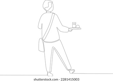 A boy brings lunch to his dining table. Lunch at school one line drawing