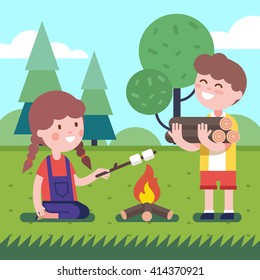 Boy brings some firewood at the bonfire. Girl frying her marshmallows on the wooden stick. Modern flat style illustration. Kids cartoon character clipart.