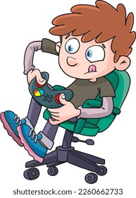 boy is briskly playing a computer game while sitting in a desk chair