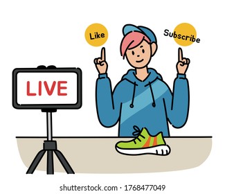 A boy is broadcasting on the Internet. In front of him are sneakers and a camera. hand drawn style vector design illustrations. 