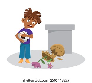 Boy broke the vase with the ball, flat cartoon vector illustration isolated on white background.