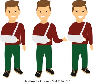 Niño con brazo roto con diferentes emociones
