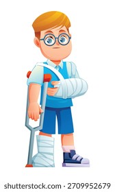 Boy with broken arm and leg in casts, standing with a crutch. Vector cartoon illustration