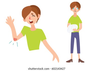 Boy with broken arm in plaster.  Feeling badly. Cartoon illustration isolated on white background. Boy screaming in pain. 