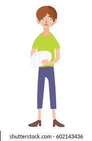 Boy with broken arm in plaster.  Feeling badly. Cartoon illustration isolated on white background 