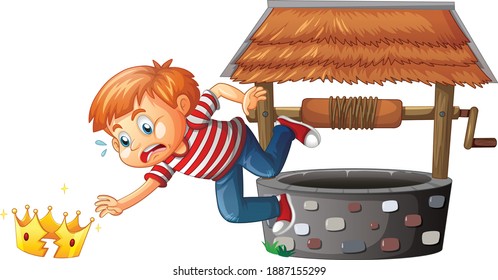 A boy with broken crown and stone well on white background illustration