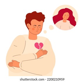 Boy with broken heart vector. Sad young man broke up with his girlfriend, divorced his wife. Personal suffering experiencing an unhappy personal life.