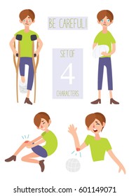  Boy with broken leg and broken arm. Hurt by falling. Hurt by ball. Injured screaming  boy screaming in pay. Crutch boy. Vector cartoon illustration set of 4 characters isolated on white background. B